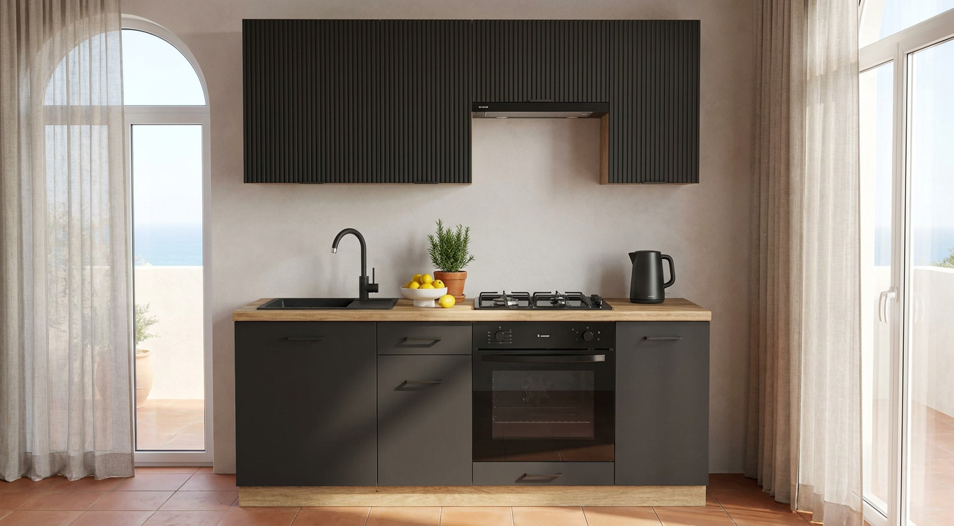 KIVOSER 200 cm ready-made kitchen set with RYFLA black wall units, black base units and an Evoke Oak worktop