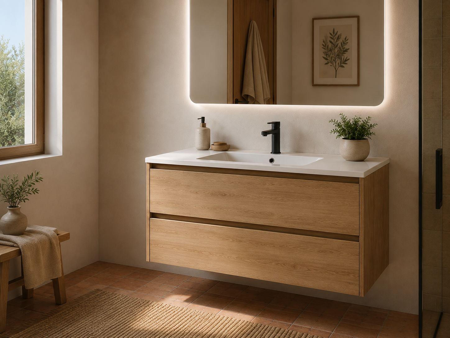 Wall-hung wooden vanity unit with an integrated white basin