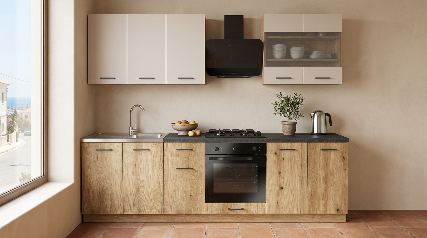 KIVOSER 260 cm ready-made kitchen set with cashmere wall units, Evoke Oak base units and a District Dark worktop