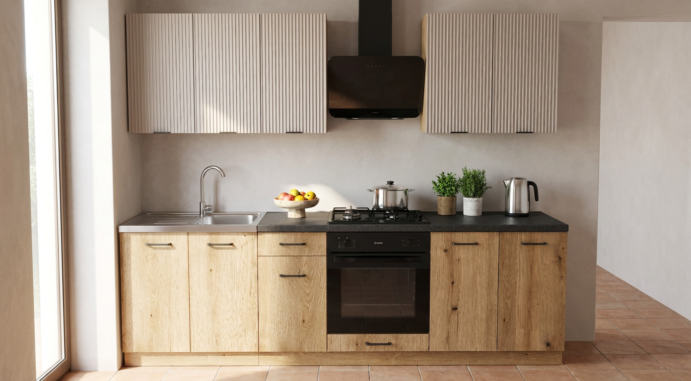 KIVOSER 260 cm ready-made kitchen set with RYFLA cashmere wall units, Evoke Oak base units and a District Dark worktop