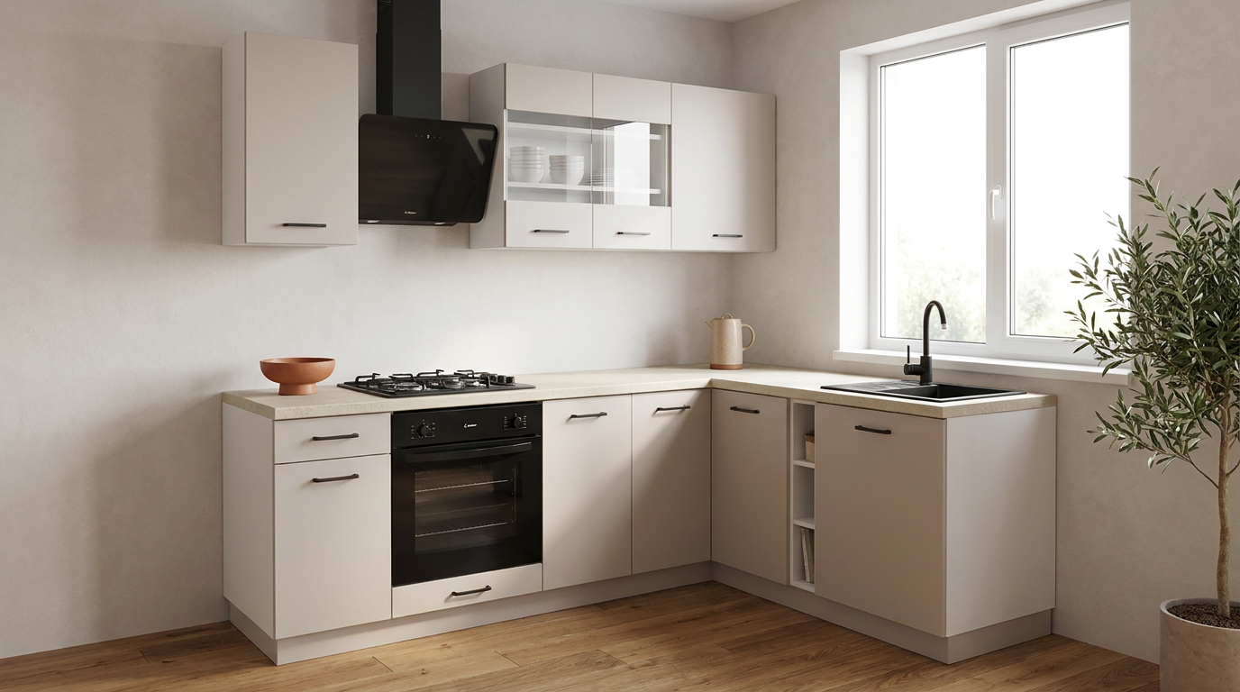 KIVOSER 240 by 180 cm corner kitchen set in TAFLA cashmere with a Crema Limestone worktop
